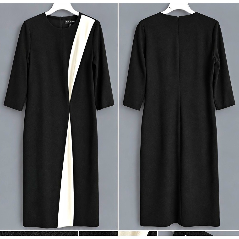 Halston Black White Colorblock Dress Size 4 NWOT 3/4 Sleeve Sheath Cocktail